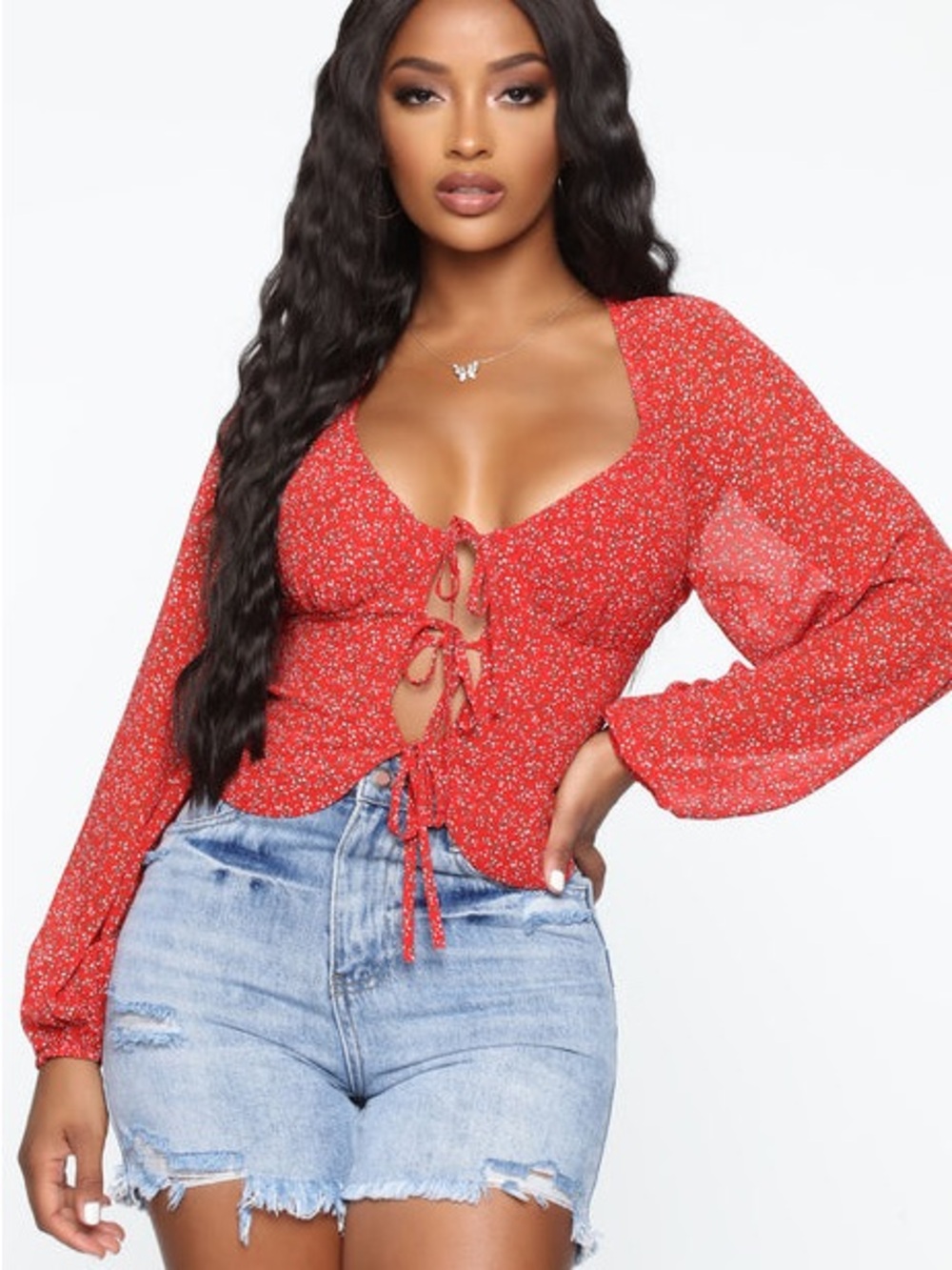 Fashion Nova Red Floral Tie-Front Puff Sleeve Top
